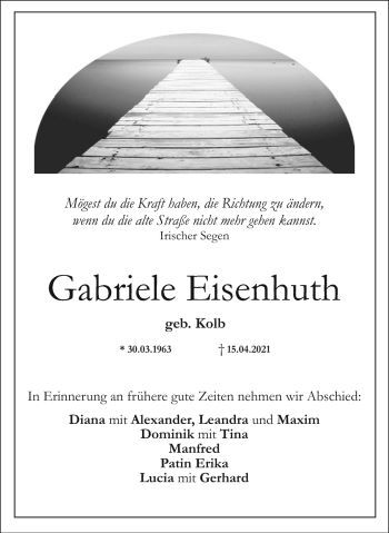 Anzeige von Gabriele Eisenhuth von Nordbayerischer Kurier
