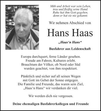 Anzeige von Hans Haas von Nordbayerischer Kurier