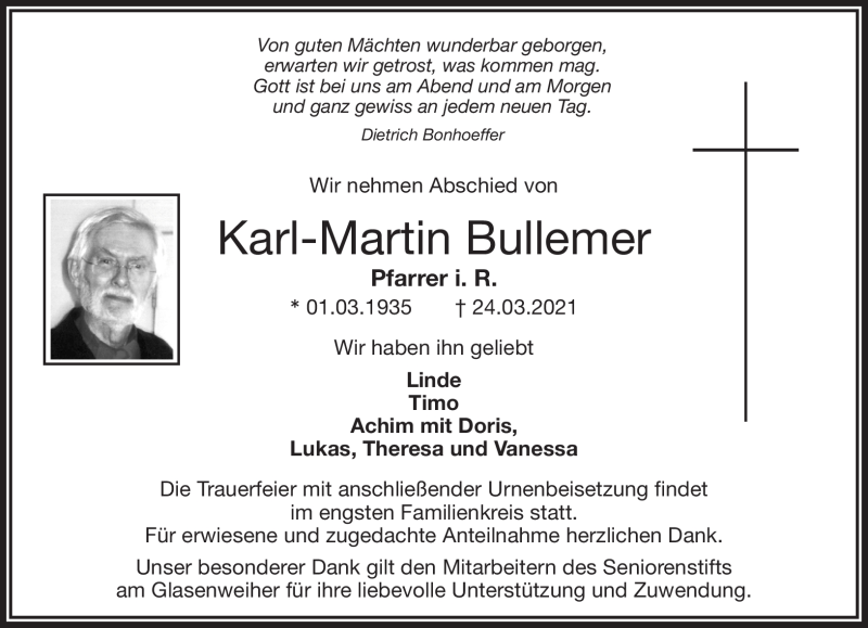  Traueranzeige für Karl-Martin Bullemer vom 07.04.2021 aus Nordbayerischer Kurier
