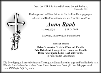 Anzeige von Anna Raab von Nordbayerischer Kurier