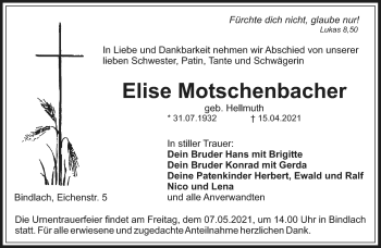 Anzeige von Elise Motschenbacher von Nordbayerischer Kurier