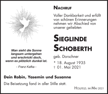 Anzeige von Sieglinde Schobert von Nordbayerischer Kurier