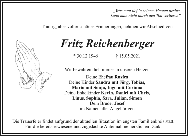  Traueranzeige für Fritz Reichenberger vom 18.05.2021 aus Nordbayerischer Kurier