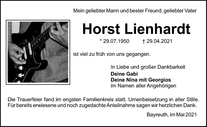  Traueranzeige für Horst Lienhardt vom 08.05.2021 aus Nordbayerischer Kurier