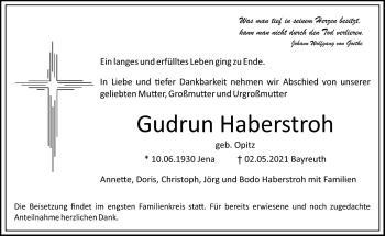 Anzeige von Gudrun Haberstroh von Nordbayerischer Kurier