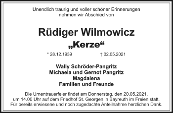 Anzeige von Rüdiger Wilmowicz von Nordbayerischer Kurier