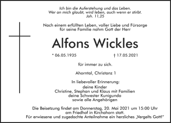 Anzeige von Alfons Wickles von Nordbayerischer Kurier