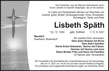 Anzeige von Lisbeth Späth von Nordbayerischer Kurier