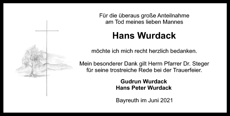  Traueranzeige für Hans Wurdack vom 26.06.2021 aus Nordbayerischer Kurier