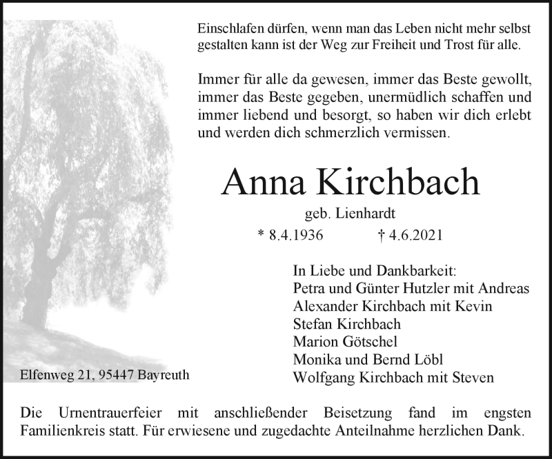  Traueranzeige für Anna Kirchbach vom 26.06.2021 aus Nordbayerischer Kurier