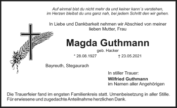Anzeige von Magda Guthmann von Nordbayerischer Kurier