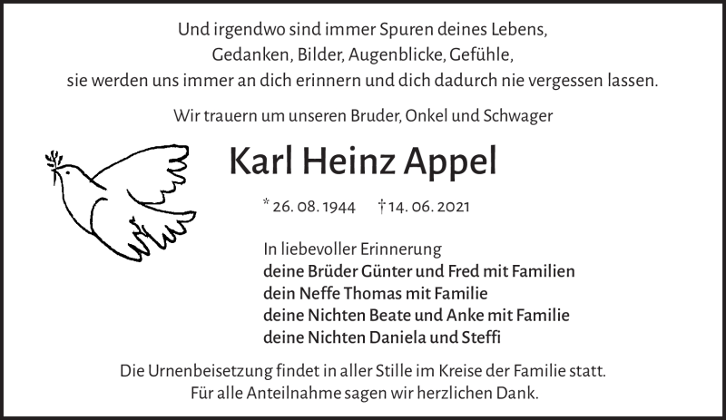  Traueranzeige für Karl Heinz Appel vom 29.06.2021 aus Nordbayerischer Kurier