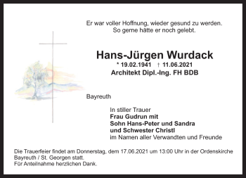 Anzeige von Hans-Jürgen Wurdack von Nordbayerischer Kurier