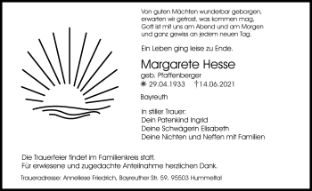 Anzeige von Margarete Hesse von Nordbayerischer Kurier