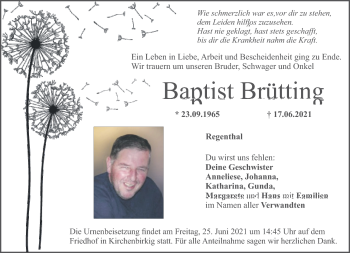 Anzeige von Baptist Brütting von Nordbayerischer Kurier