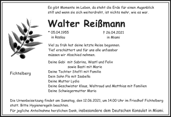 Anzeige von Walter Reißmann von Nordbayerischer Kurier