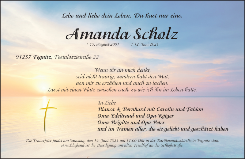  Traueranzeige für Amanda Scholz vom 16.06.2021 aus Nordbayerischer Kurier