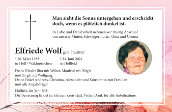 Anzeige von Elfriede Wolf von Nordbayerischer Kurier