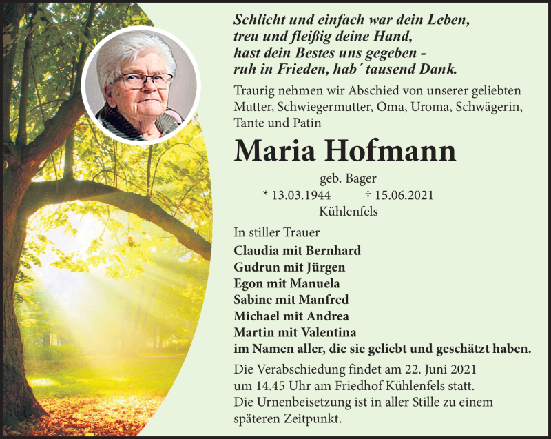  Traueranzeige für Maria Hofmann vom 18.06.2021 aus Nordbayerischer Kurier