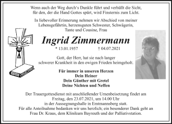 Anzeige von Ingrid Zimmermann von Nordbayerischer Kurier