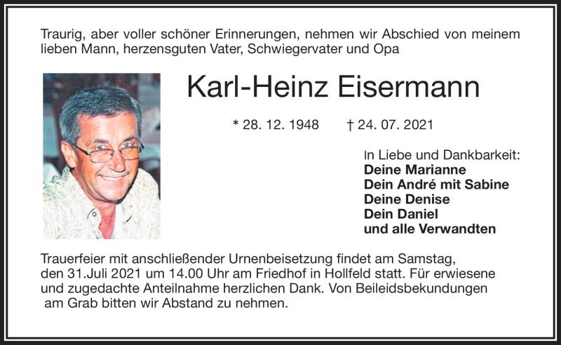  Traueranzeige für Karl-Heinz Eisermann vom 29.07.2021 aus Nordbayerischer Kurier