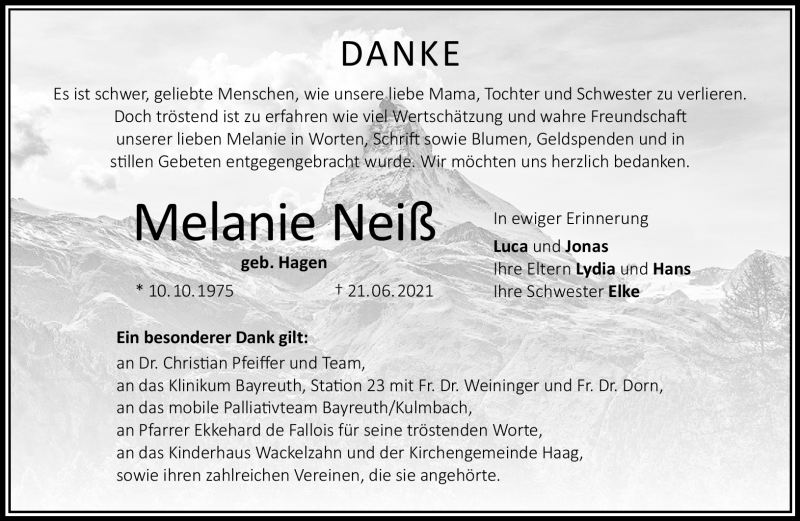 Traueranzeige für Melanie Neiß vom 17.07.2021 aus Nordbayerischer Kurier