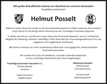 Anzeige von Helmut Posselt von Nordbayerischer Kurier