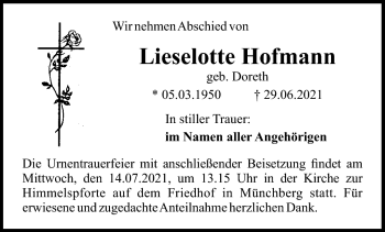 Anzeige von Lieselotte Hofmann von Nordbayerischer Kurier