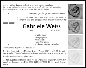 Anzeige von Gabriele Weiss von Nordbayerischer Kurier