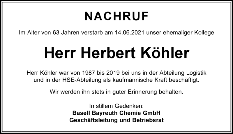  Traueranzeige für Herbert Köhler vom 03.07.2021 aus Nordbayerischer Kurier