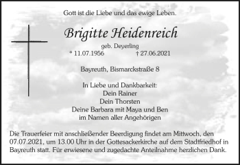 Anzeige von Brigitte Heidenreich von Nordbayerischer Kurier