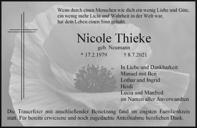  Traueranzeige für Nicole Thieke vom 31.07.2021 aus Nordbayerischer Kurier
