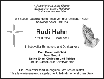 Anzeige von Rudi Hahn von Nordbayerischer Kurier
