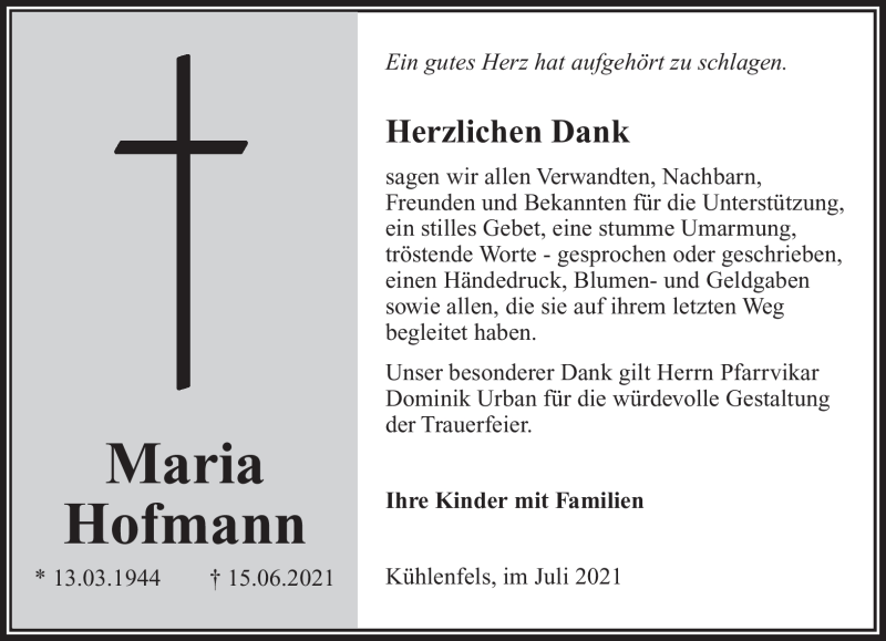  Traueranzeige für Maria Hofmann vom 09.07.2021 aus Nordbayerischer Kurier