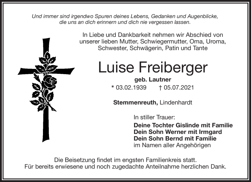  Traueranzeige für Luise Freiberger vom 07.07.2021 aus Nordbayerischer Kurier