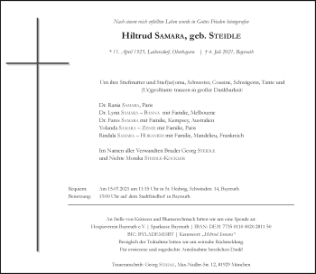 Anzeige von Hiltrud Samara von Nordbayerischer Kurier