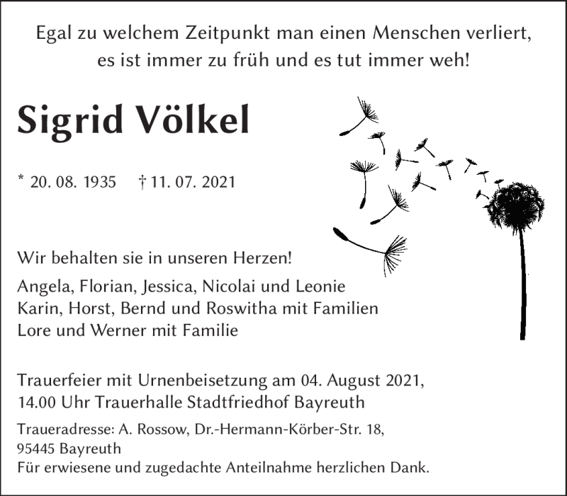  Traueranzeige für Sigrid Völkel vom 29.07.2021 aus Nordbayerischer Kurier