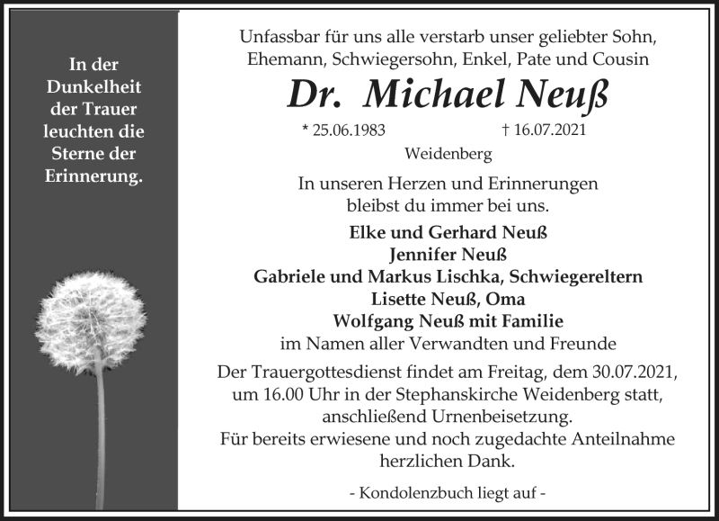  Traueranzeige für Dr. Michael Neuß vom 24.07.2021 aus Nordbayerischer Kurier