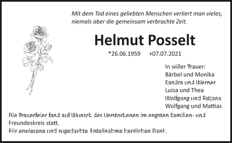  Traueranzeige für Helmut Posselt vom 17.07.2021 aus Nordbayerischer Kurier