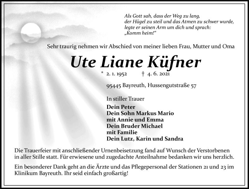  Traueranzeige für Ute Liane Küfner vom 24.07.2021 aus Nordbayerischer Kurier