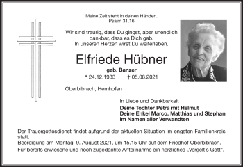 Traueranzeigen von Elfriede Hübner | Nordbayerischer Kurier