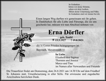 Anzeige von Erna Dörfler von Nordbayerischer Kurier