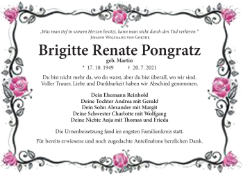 Anzeige von Brigitte Pongratz von Nordbayerischer Kurier