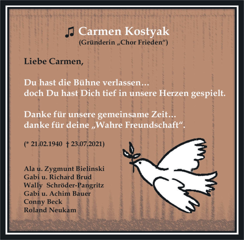  Traueranzeige für Carmen Kostayak vom 07.08.2021 aus Nordbayerischer Kurier