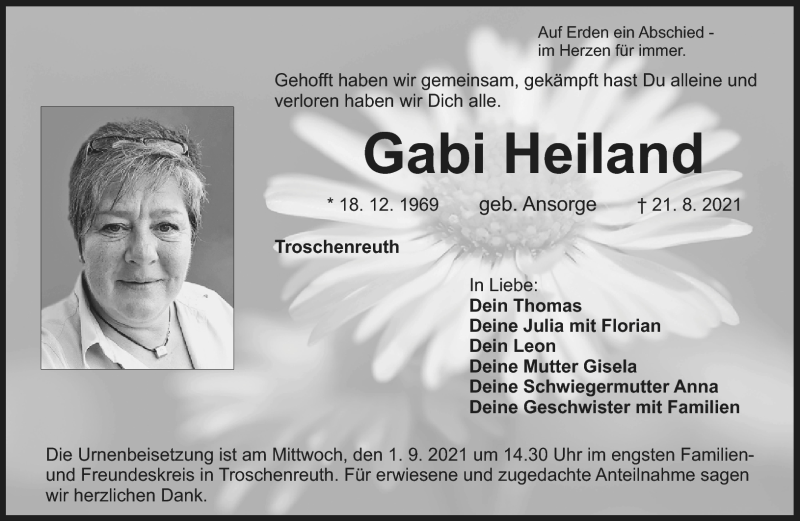  Traueranzeige für Gabi Heiland vom 28.08.2021 aus Nordbayerischer Kurier