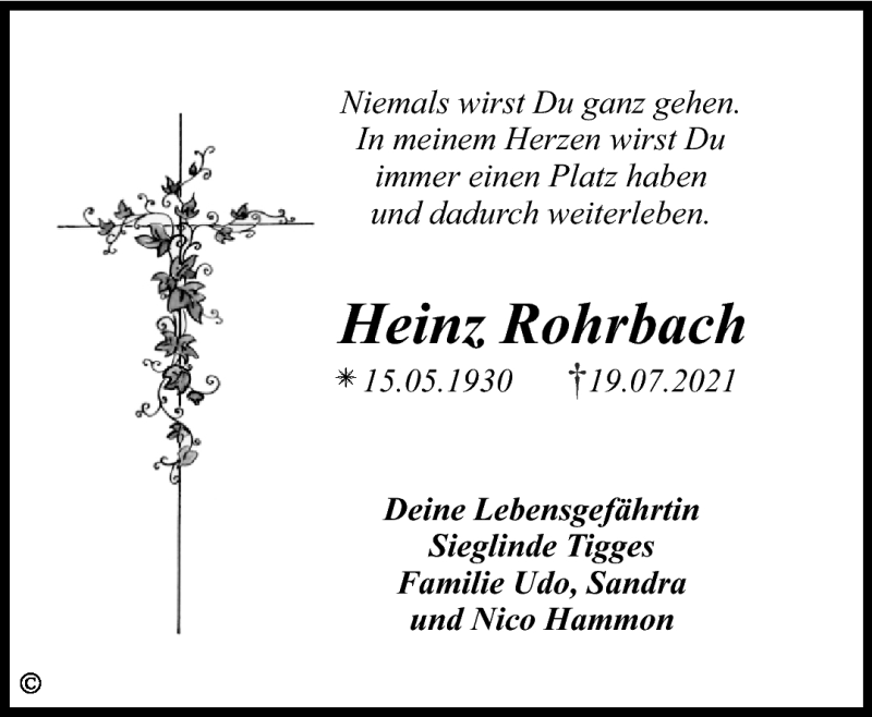  Traueranzeige für Heinz Rohrbach vom 13.08.2021 aus Nordbayerischer Kurier
