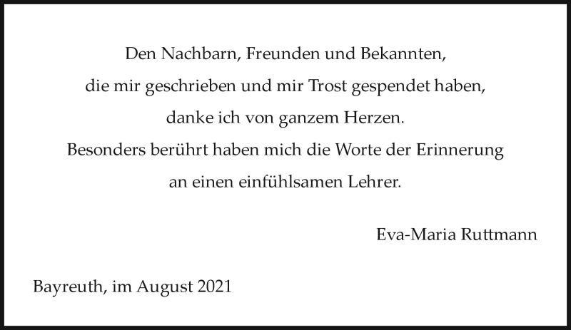  Traueranzeige für Joachim Ruttmann vom 11.08.2021 aus Nordbayerischer Kurier