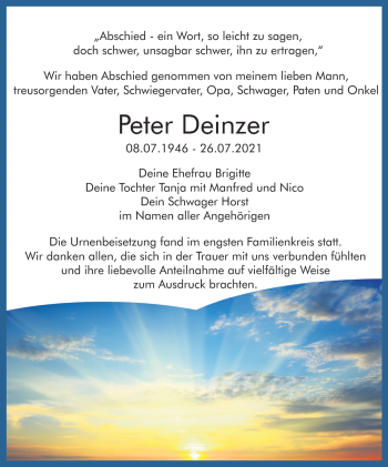 Anzeige von Peter Deinzer von Nordbayerischer Kurier