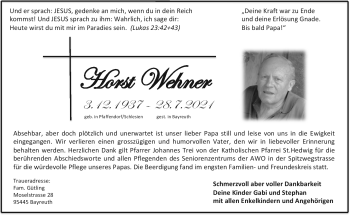 Anzeige von Horst Wehner von Nordbayerischer Kurier