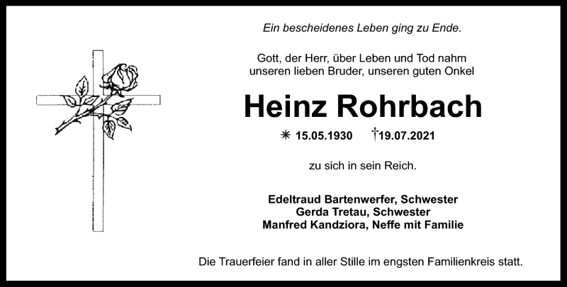  Traueranzeige für Heinz Rohrbach vom 13.08.2021 aus Nordbayerischer Kurier